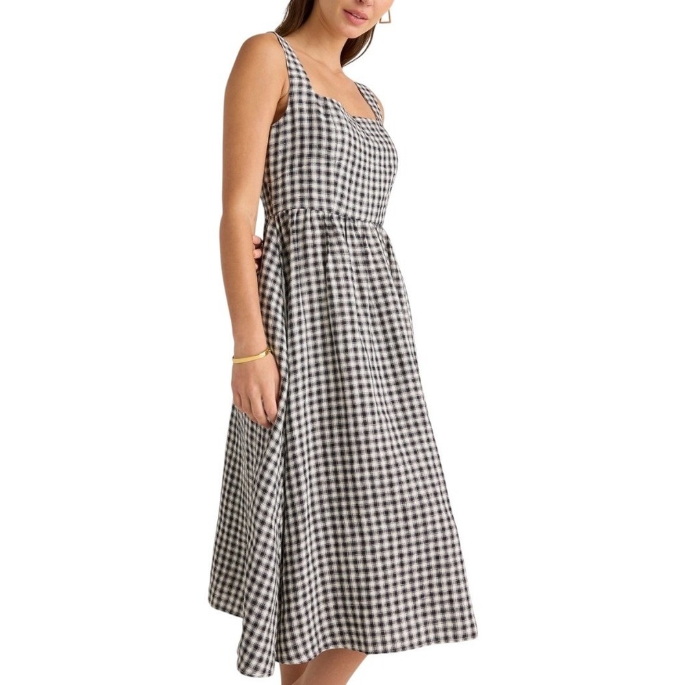 Quince European 100% Linen Fit & Flare Midi Dress Black White Gingham Size L NWT